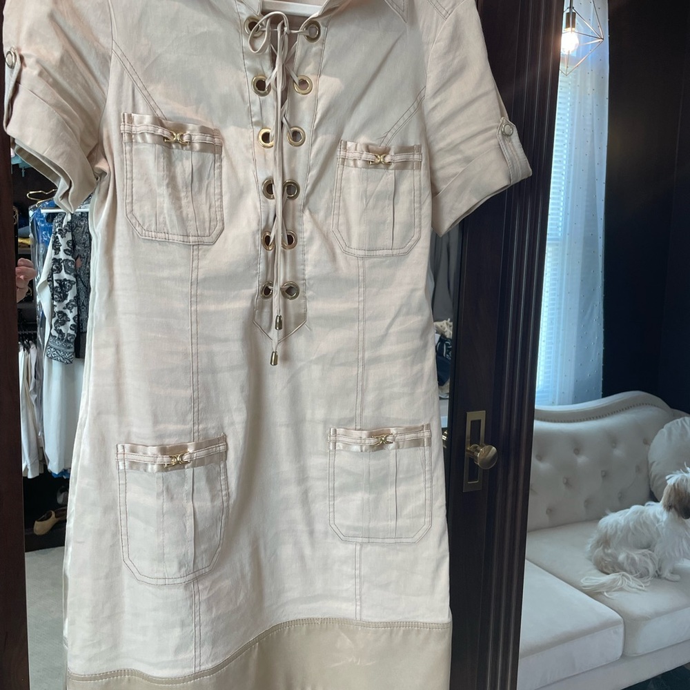 Bebe Cream Lace-Up Dress